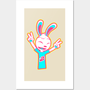 Happy Rabbit With Two Raised Peace Hand Signs Posters and Art